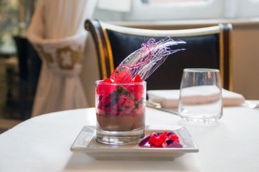 Soft chocolate with raspberry gelée.
