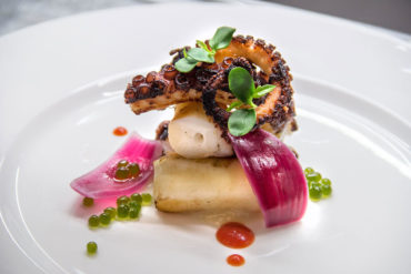 Roasted octopus, tomato gel, basil spheres and potato cream.