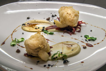 Monkfish, artichoke cream, caramelized onion and olive gel.